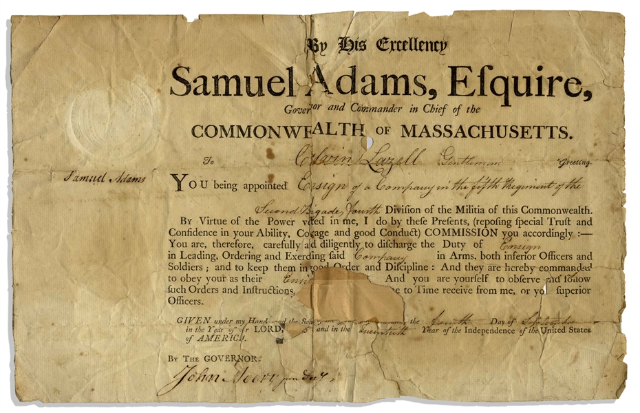 Samuel Adams Signed Military Appointment as Governor of Massachusetts